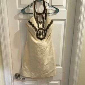 Trina Turk Cream Halter Dress with Brown sequin Detailing.
